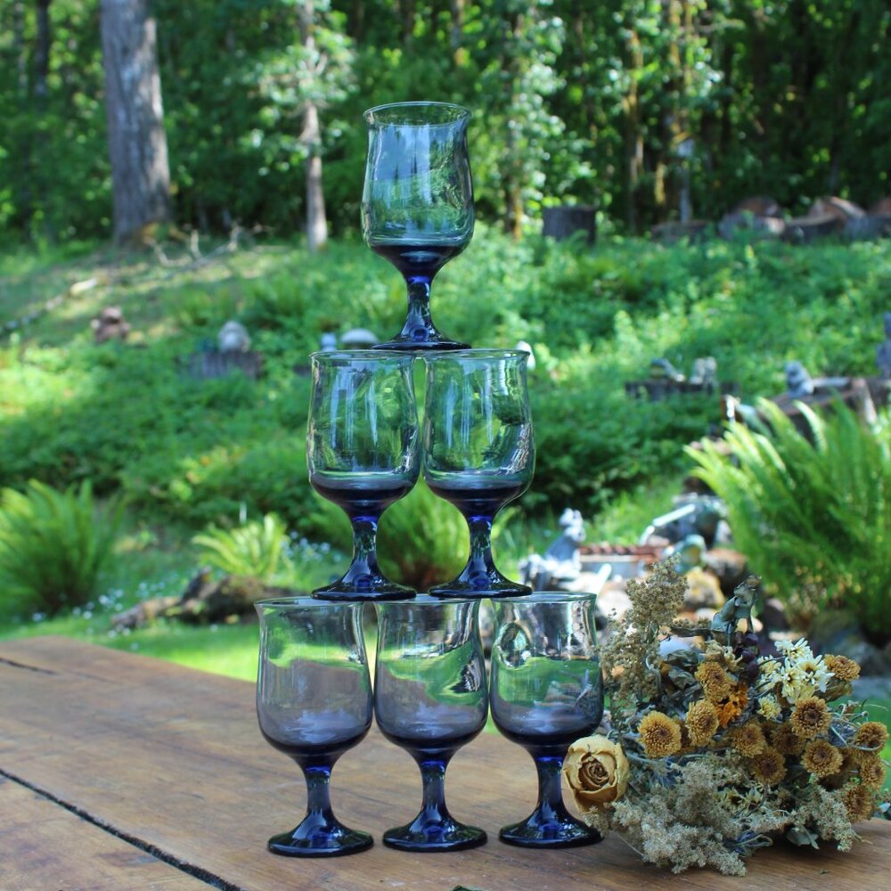 VTG Dusty Blue Libbey Tulip Rim Set 6 Retro Vintage Wine Glasses Water Goblets